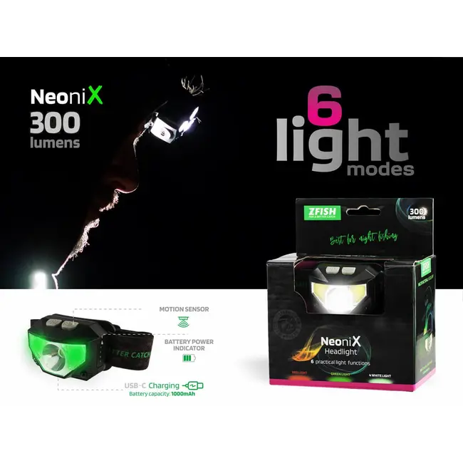 Lanterna de Cap ZFish Neonix - Senzor Miscare,360 Lumeni, Lumina Rosie Anti-Insecte