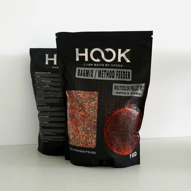 Pelete de Nadire Hookbaits MultiColor Pellet Mix, 2mm, 1kg,Spicy Fish