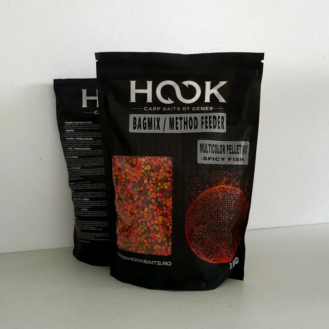 Pelete de Nadire Hookbaits MultiColor Pellet Mix, 4mm, 1kg - Spicy Fish