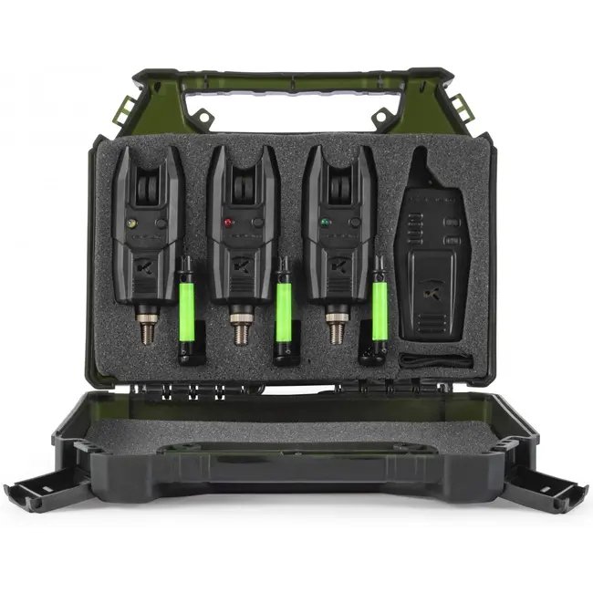 Set Avertizori_Senzori Pescuit  Korum KBI-R 3-Rod Alarm Presentation+ Statie, 3+1