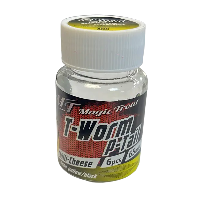 Shaduri Magic Trout T-Worm P-Tail Chilli-Cheese, Neon Yellow Black, 6.5cm, 6buc/borcan