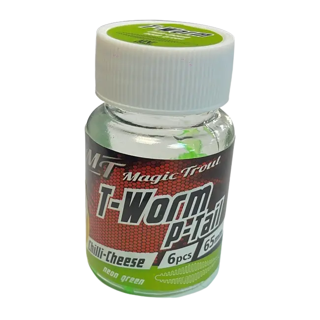 Shaduri Magic Trout T-Worm P-Tail Chilli-Cheese, Neon Green, 6.5cm, 6buc/borcan