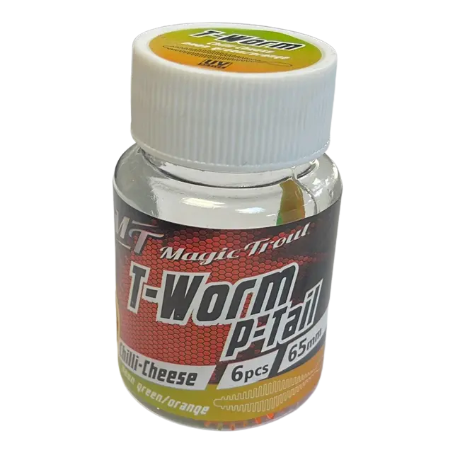 Shaduri Magic Trout T-Worm P-Tail Chilli-Cheese, Neon Green Orange, 6.5cm, 6buc/borcan