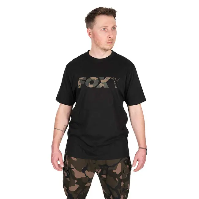Tricou Pescuit Fox Black/Camo Logo T-Shirt