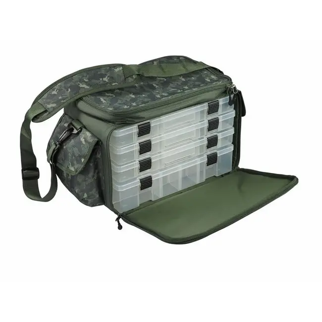 Geanta Pescuit Mitchell MX Camo Stacker Bag L + 4 Cutii, Green Camo, 48x40x27cm