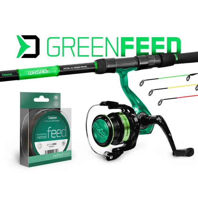 Combo Pescuit la Feeder Delphin GreenFEED, Lanseta Wasabi 3.30m, 100g, 3+3Buc + Mulineta Elixir 3000 + Fir Method FEED, 200m, 0.22mm